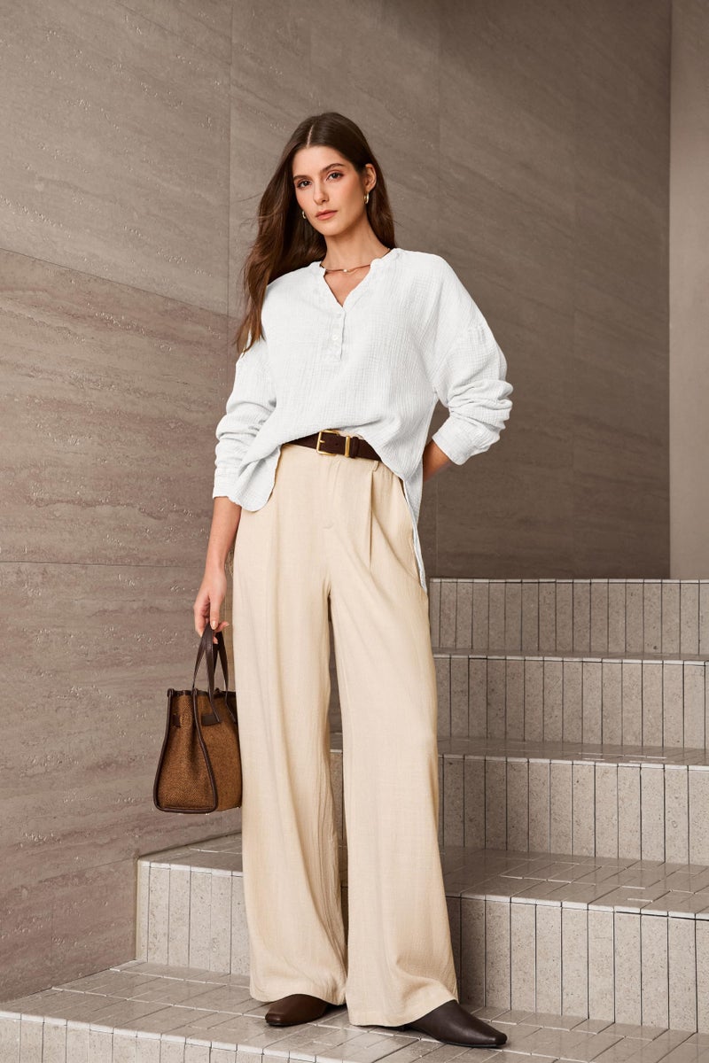 Dokotoo Womens Tops Dressy Casual Blouse 3/4 Button V Neck Long Sleeve Cotton Textured Fabrication Shirts Side Slit Solid Elegant Loose Fit Shirt Basic Ladies Tunic Tops White XL - Image 5