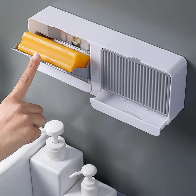 SpiderJuice 1Pc Adhesive No Drill Self Draining Double Layer Grid Wall Mounted Covered Soap Dish Holder Box with Lid and Hook for Bathroom Wash Basin Kitchen Sink - Image 3