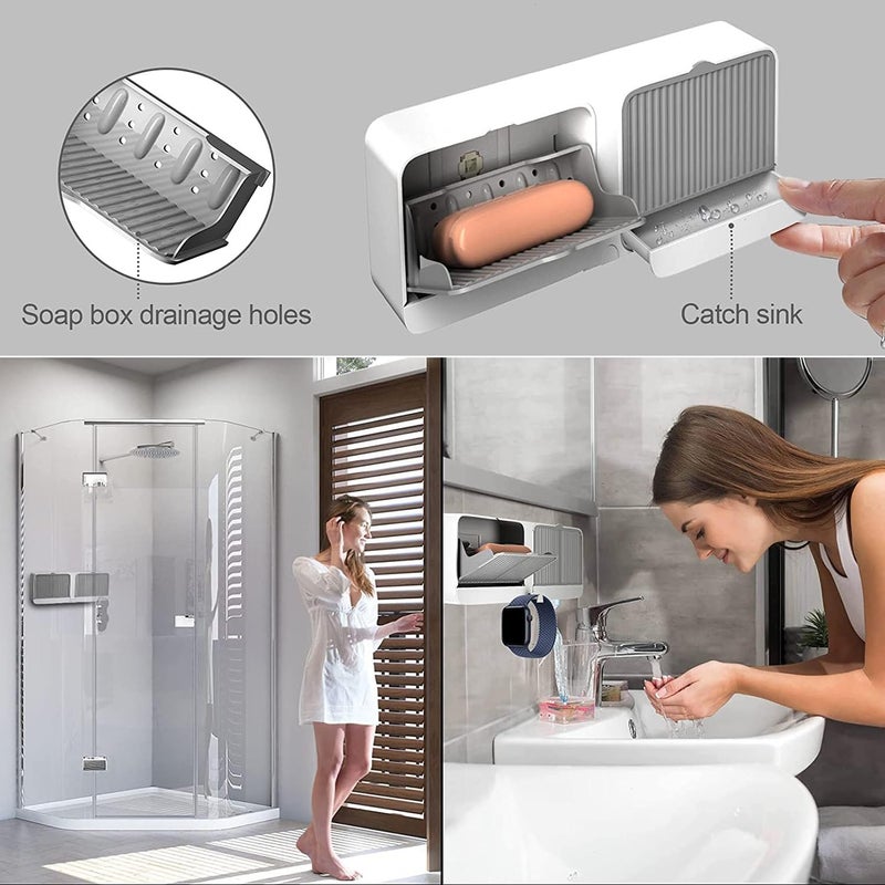 SpiderJuice 1Pc Adhesive No Drill Self Draining Double Layer Grid Wall Mounted Covered Soap Dish Holder Box with Lid and Hook for Bathroom Wash Basin Kitchen Sink - Image 2
