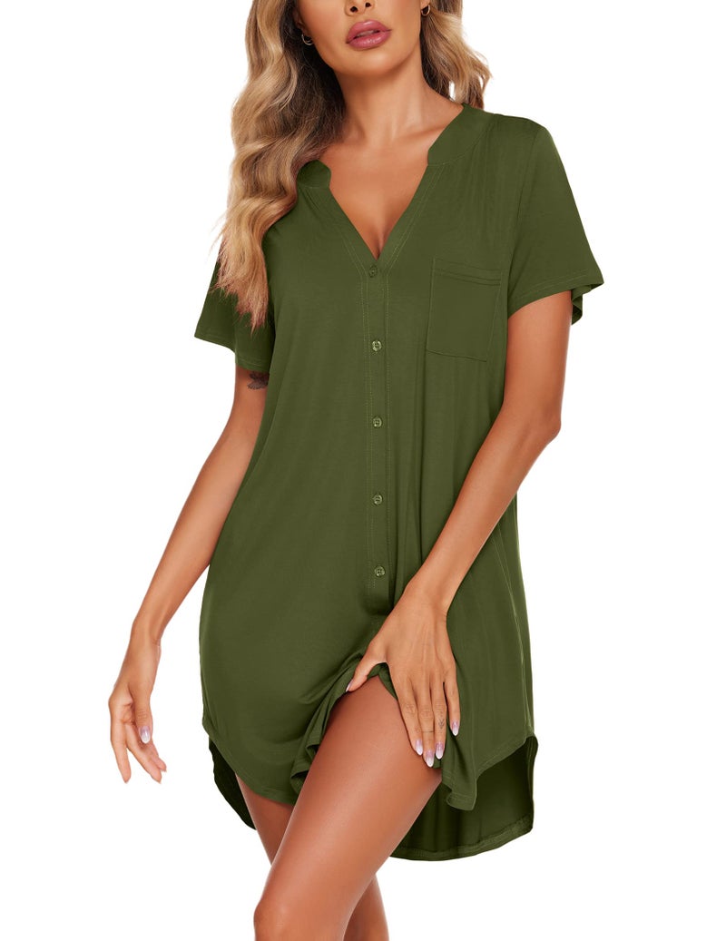 Ekouaer Nursing Nightgown Boyfriend Nightshirts V Neck Lounge Dress Super Soft Sleeping Gown Army Green - Image 3