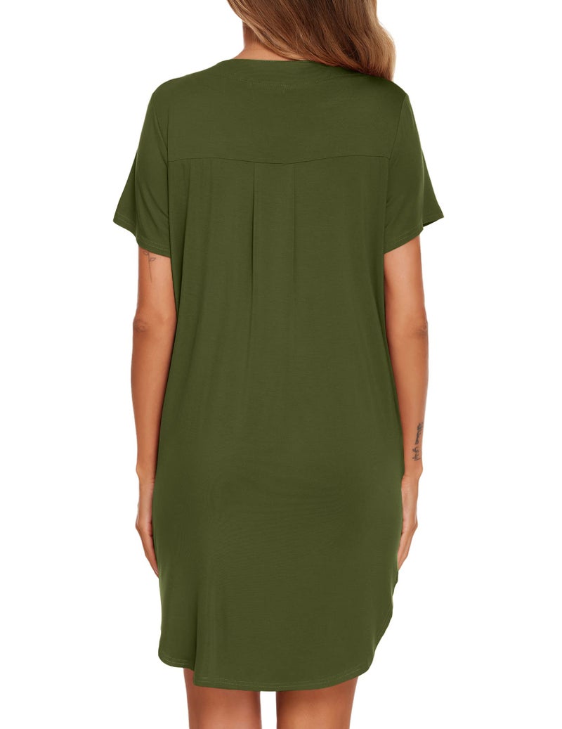 Ekouaer Nursing Nightgown Boyfriend Nightshirts V Neck Lounge Dress Super Soft Sleeping Gown Army Green - Image 5