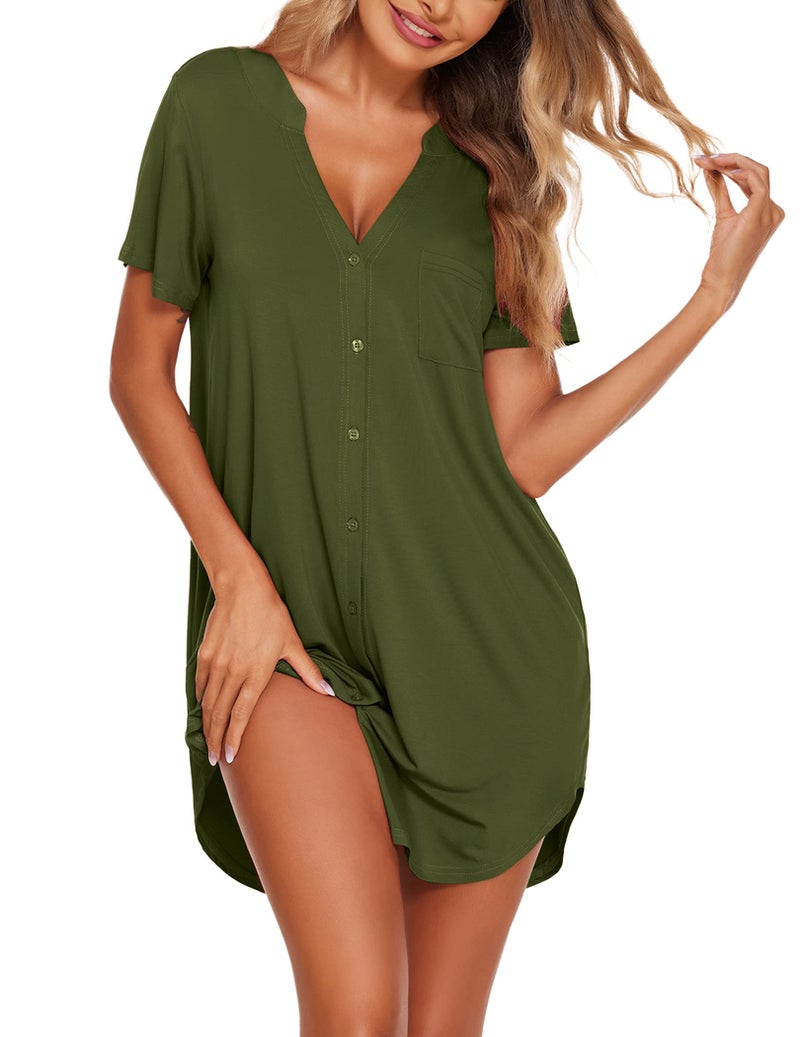 Ekouaer Nursing Nightgown Boyfriend Nightshirts V Neck Lounge Dress Super Soft Sleeping Gown Army Green - Image 1