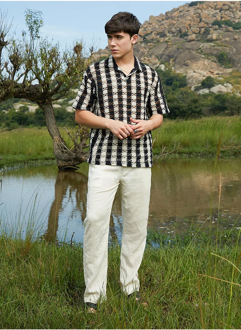 Campus Sutra Men's Obsidian Black & Off-White Track-Stripe Oversized Polo T-Shirt