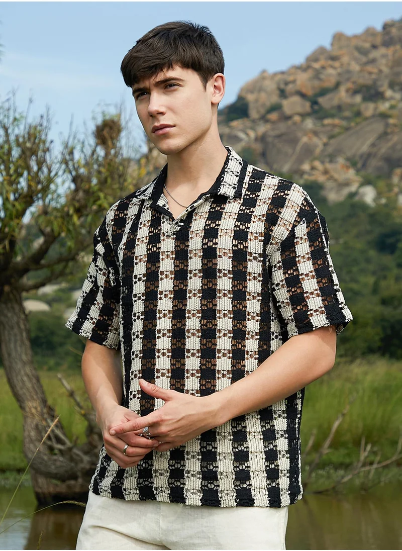 Campus Sutra Men's Obsidian Black & Off-White Track-Stripe Oversized Polo T-Shirt