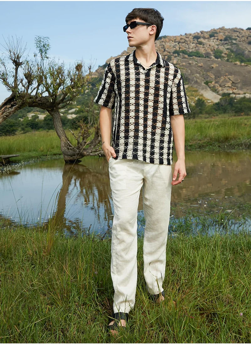 Campus Sutra Men's Obsidian Black & Off-White Track-Stripe Oversized Polo T-Shirt