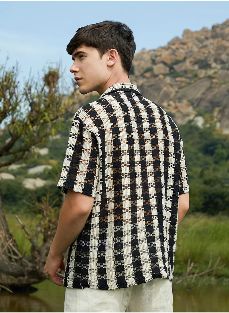 Campus Sutra Men's Obsidian Black & Off-White Track-Stripe Oversized Polo T-Shirt