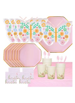 Party with Emma Butterfly Floral Party Supplies Disposable Tableware Serves 16 Butterfly Garden Themed Birthday Party Paper Plates Cups Paper Straw Table Cloth  - Image 1