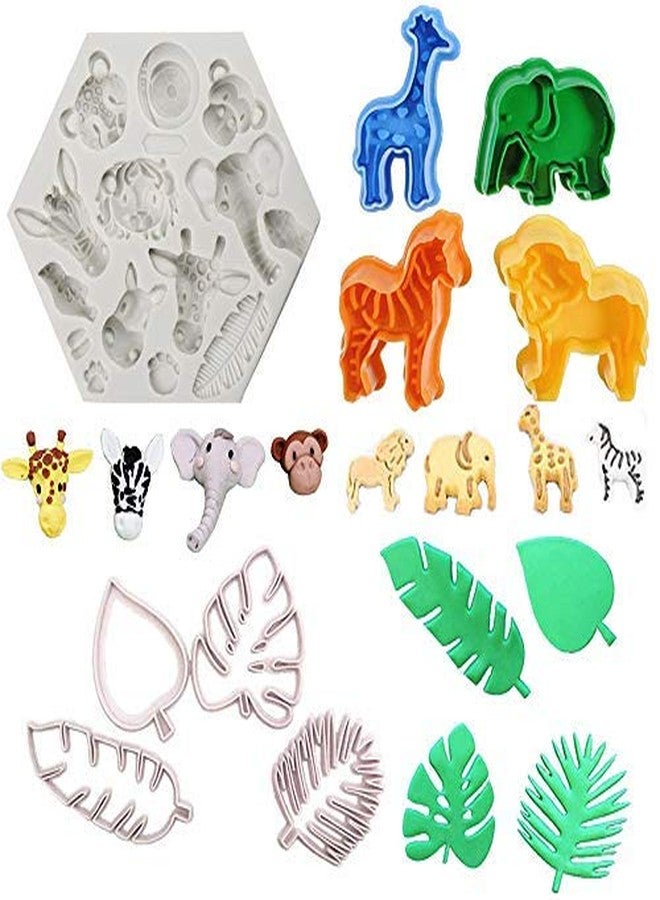 Fewo 9Pcs/Set Jungle Safari Animal Cake Fondant Mold with Tropical Leaf Cookie Cutter, Hawaiian Palm Leaves Sugar Craft Cutters for Jungle Animals Brithday Party Cake Cupcake Decorations Tools - Image 1