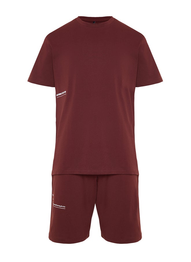 trendyol - Men's Brown Slogan Printed Knitted Pajamas Set - Image 1