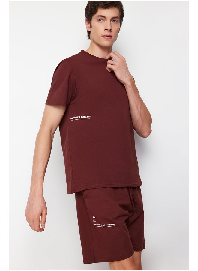 trendyol - Men's Brown Slogan Printed Knitted Pajamas Set - Image 1