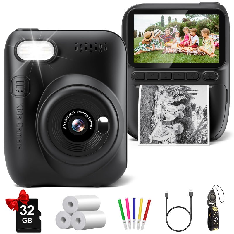 Gofunly Instant Print Camera for Kids, 3.0" HD 1080P Digital Video Cameras with 3 Rolls of Printer Paper for Toddler, Birthday Gifts Toy for Girls Boys with 32GB SD Card (3.0 Style, Black) - Image 1