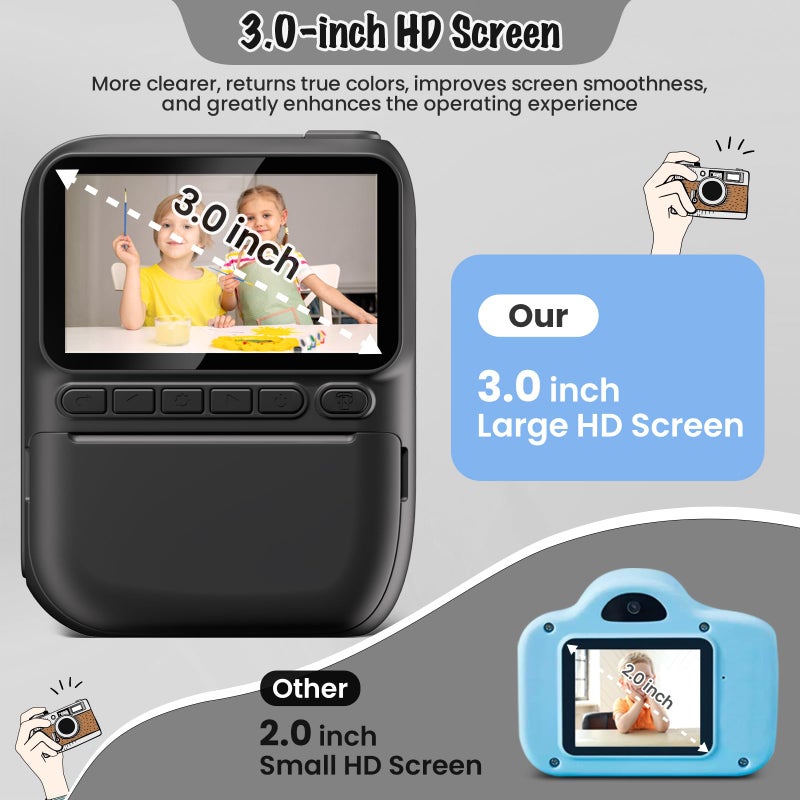 Gofunly Instant Print Camera for Kids, 3.0" HD 1080P Digital Video Cameras with 3 Rolls of Printer Paper for Toddler, Birthday Gifts Toy for Girls Boys with 32GB SD Card (3.0 Style, Black) - Image 3