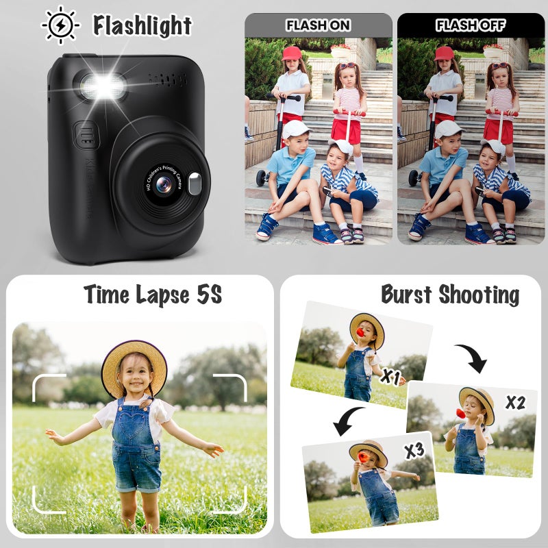 Gofunly Instant Print Camera for Kids, 3.0" HD 1080P Digital Video Cameras with 3 Rolls of Printer Paper for Toddler, Birthday Gifts Toy for Girls Boys with 32GB SD Card (3.0 Style, Black) - Image 4