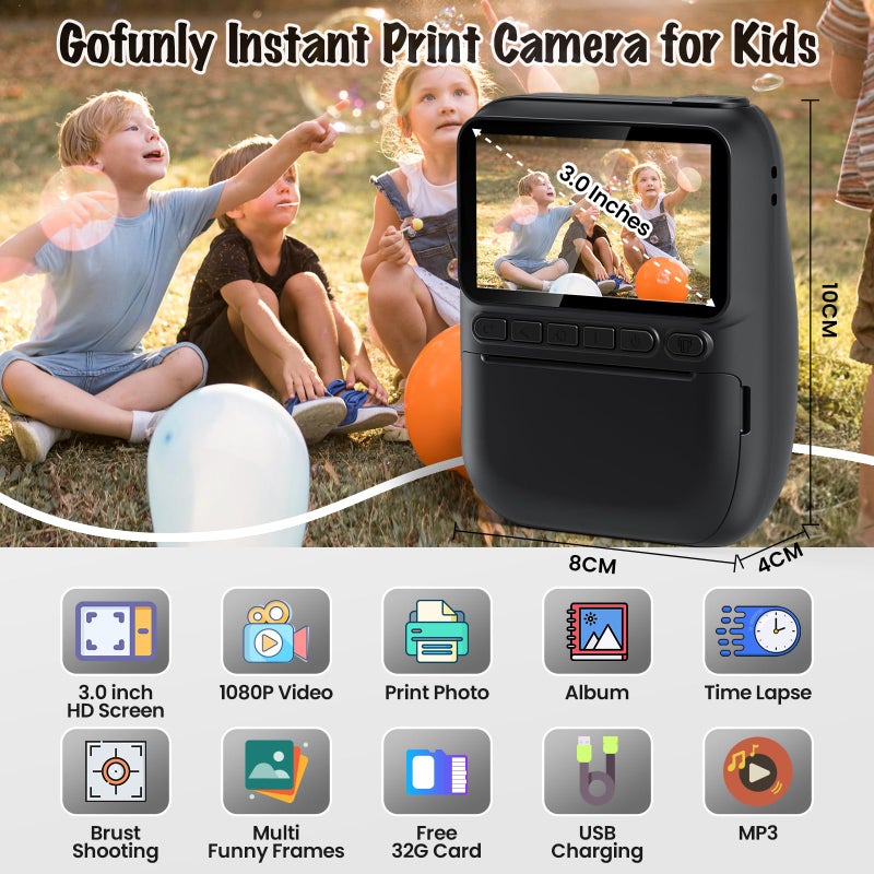 Gofunly Instant Print Camera for Kids, 3.0" HD 1080P Digital Video Cameras with 3 Rolls of Printer Paper for Toddler, Birthday Gifts Toy for Girls Boys with 32GB SD Card (3.0 Style, Black) - Image 2