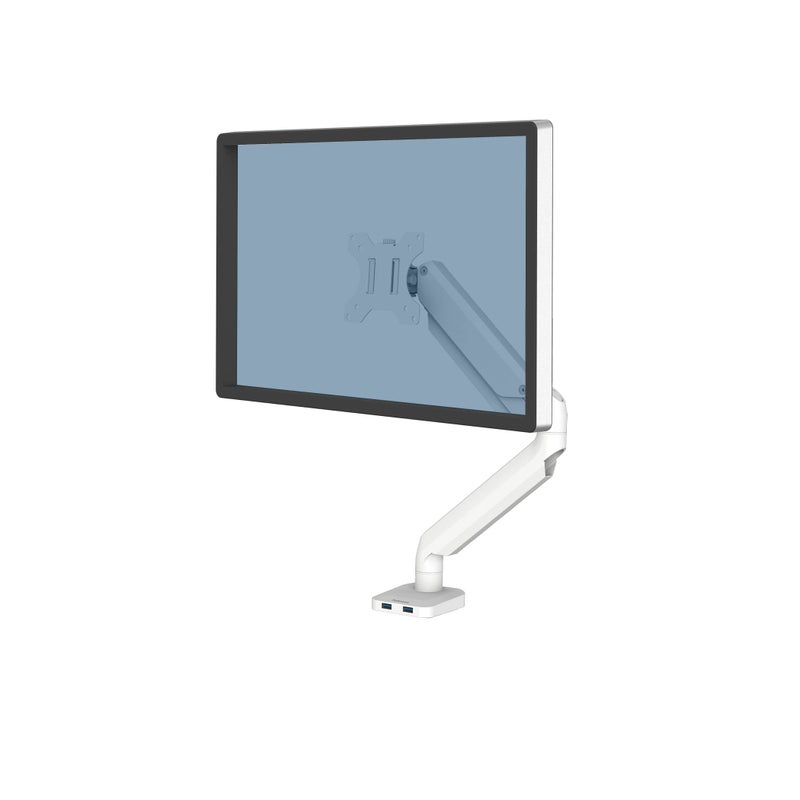 Fellowes Platinum Series Single Monitor Arm for 40Inch Monitors Full Motion 360 Rotation VESA Mount with Grommet or Clamp USB Ports Ergonomic White 8056201