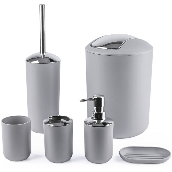 BATHROOM ACCESSORIES 6 PIECE PLASTIC GIFT TOOTHBRUSH HOLDERTOOTHBRUSH CUPSOAP DISPENSER DISHTOILET BRUSH HOLDERTRASH CANTUMBLER STRAW SET GRAY