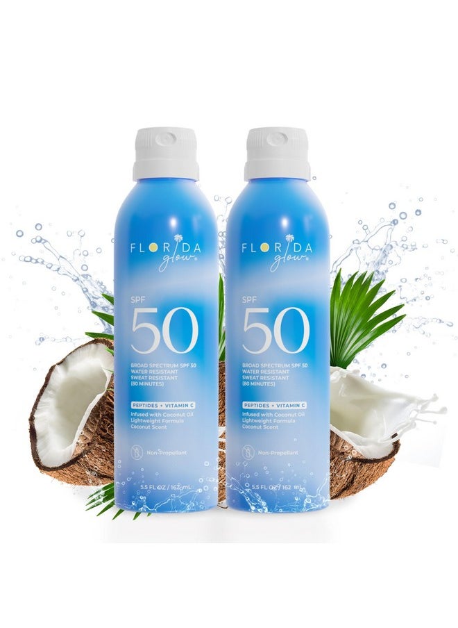 فلوريدا سولت سكرابس بخاخ واقي من الشمس فلوريدا جلو SPF 50 - متوافق مع قانون هاواي 104 للشعاب المرجانية وفلوريدا كيز، واقي شمس رياضي واسع الطيف مقاوم للماء - مناسب للأطفال، خالٍ من بارا أمينو بنزويك وأوكسي بنزون (عبوة من قطعتين، 5.5 أونصة سائلة)  - Image 1