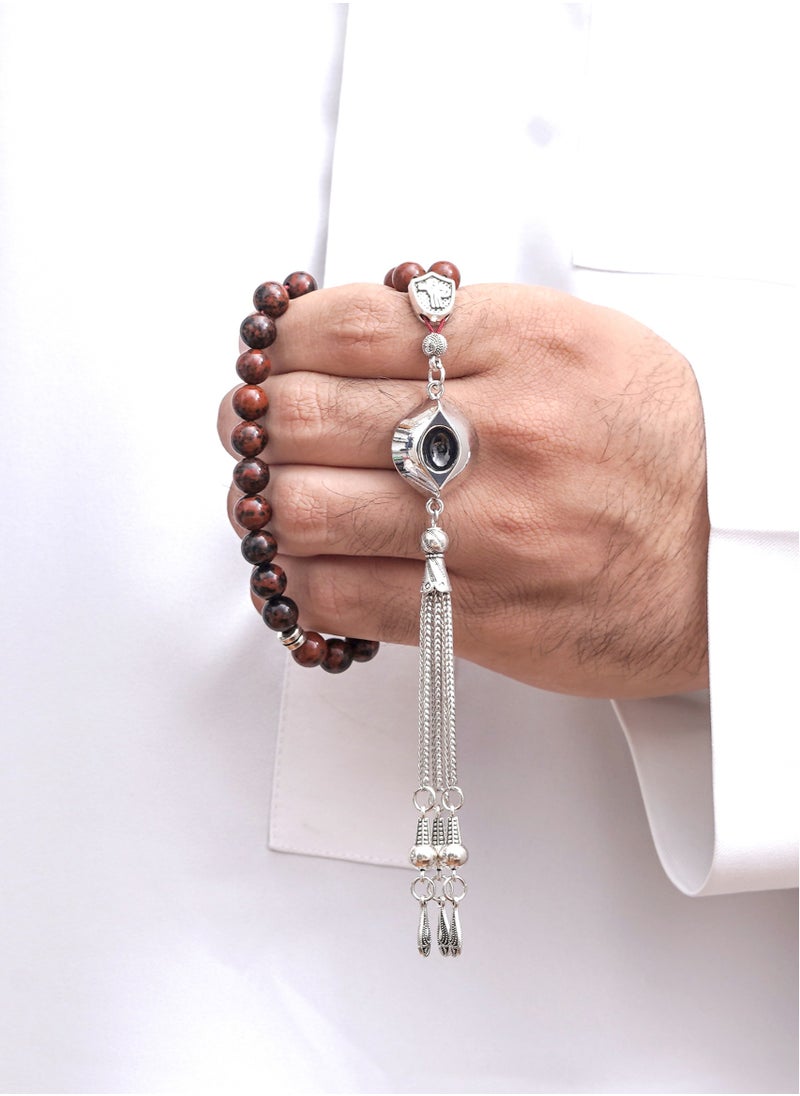 Subhati Prayer Beads ( Misbah ) with metal Parts and Mahogany Obsidian Stone | 8 MM Beads - 45 Pcs  - Image 1