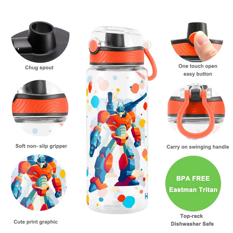 Home Tune Cute Water Bottle for School Kids Girls  BPA FREE Tritan & Leak Proof & Easy Clean & Carry Handle  23oz/ 680ml (Robot) - Image 2
