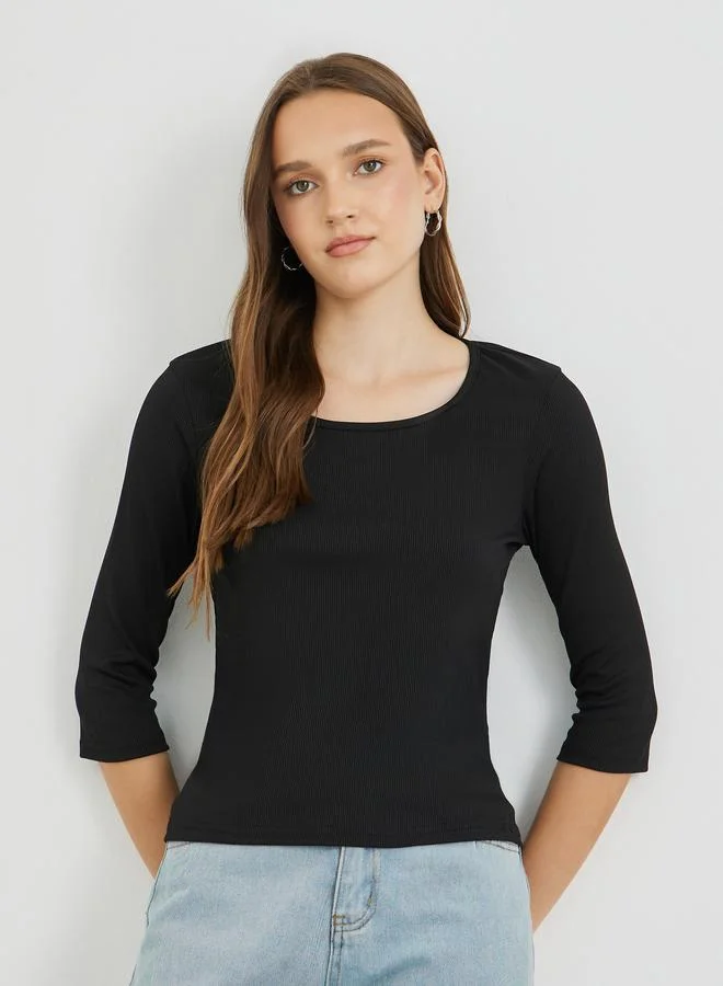 Take Two Take Two Solid Round Neck Ribbed T-Shirt