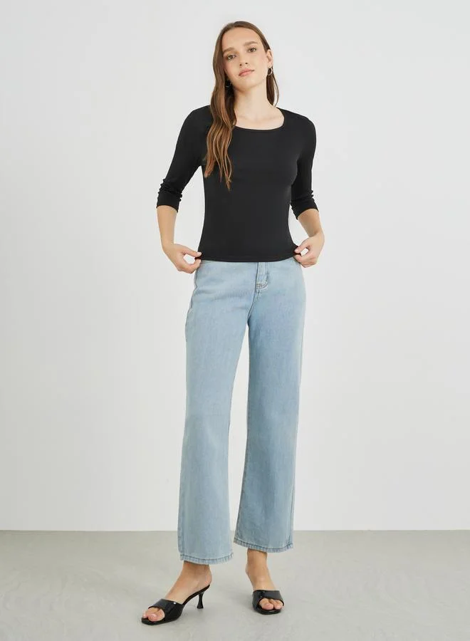 Take Two Take Two Solid Round Neck Ribbed T-Shirt