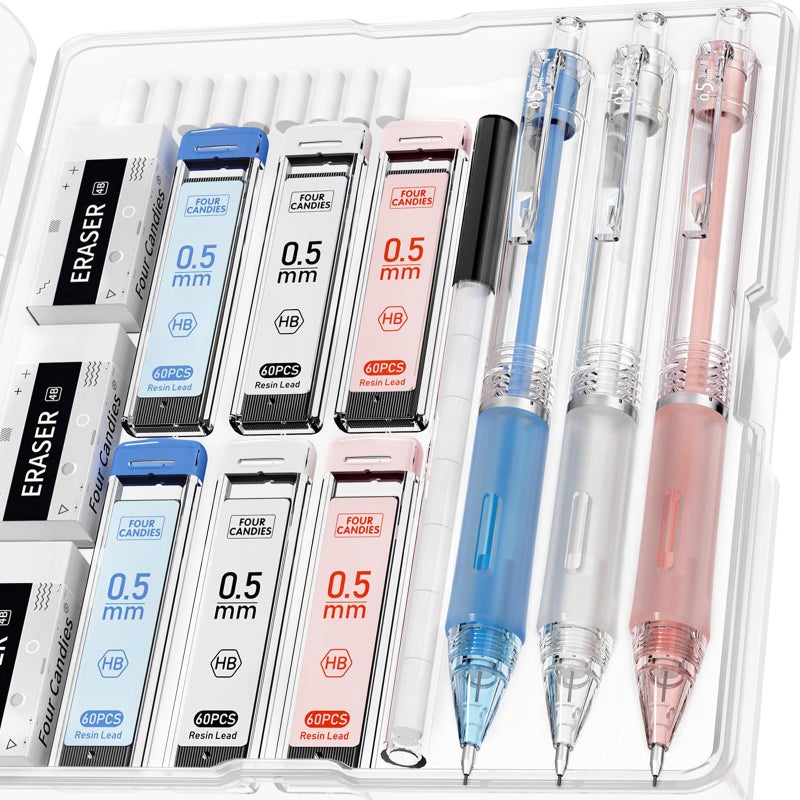 Four Candies Cute Mechanical Pencil Set, 3PCS Pastel Mechanical Pencils 0.5mm with 360PCS HB Lead Refills, 3PCS Erasers, 9PCS Eraser Refills for Student School - Image 1