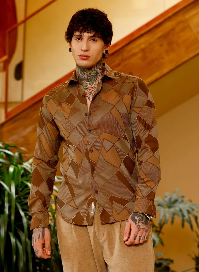 Campus Sutra Men Block-Geometric Jacquard Shirt | Spread Collar Long Cuffed Sleeves | Button Closure Curved Hem | Geometric Jacquard | Woven Fabric For Casual & Party Wear | Peanut Brown