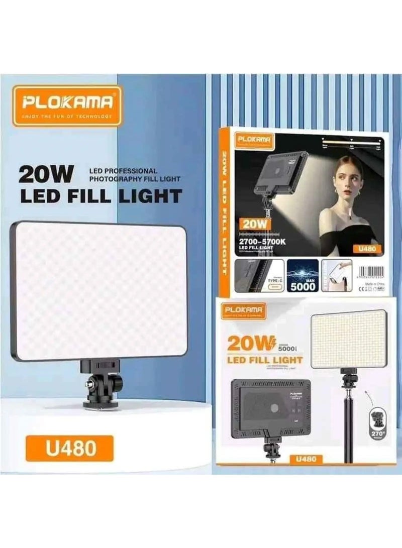 بلوكاما مصباح الإضاءة Plokama U480 LED، مصباح تصوير محمول قابل لإعادة الشحن، يتميز بإمكانية تعديل السطوع ودرجة حرارة اللون، ومناسب لالتقاط صور السيلفي والبث المباشر ومدونات الفيديو (Vlogging) ووضع المكياج. - Image 4