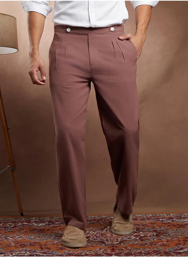 كامبوس سوترا Campus Sutra Men's Sage Green Linen-Blend Cigrette Trousers For Casual Wear | Mid-Rise | Regular Fit | Button Closure | Trousers Crafted With Comfort Fit For Everyday Wear