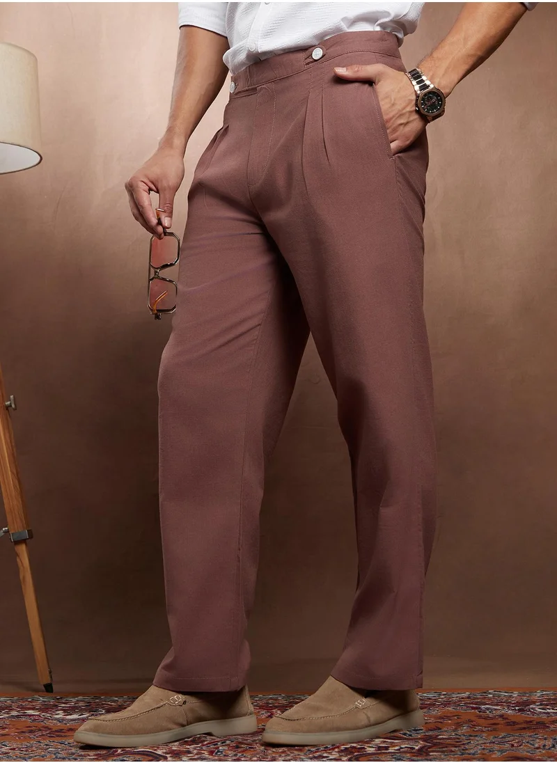 كامبوس سوترا Campus Sutra Men's Sage Green Linen-Blend Cigrette Trousers For Casual Wear | Mid-Rise | Regular Fit | Button Closure | Trousers Crafted With Comfort Fit For Everyday Wear