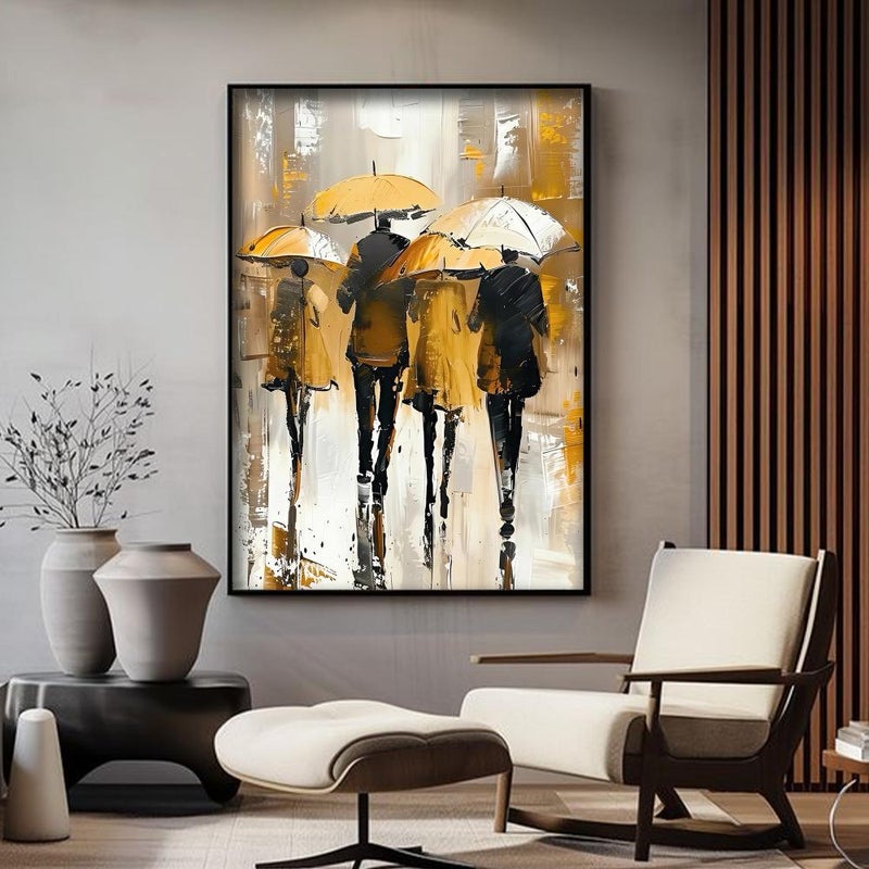 ماركتنا لوحة قماشية بتصميم أشخاص تحت المطر مع برواز مجوف مقاس (60×90) قطعة واحدة - Image 1