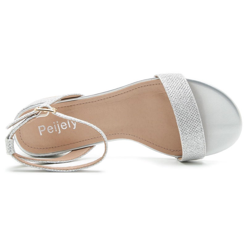 Peijely Women's Ankle Strap Sandals, Low Block Heel, Open Toe Summer Dress Shoes with Buckle Closure Glitter Silver 41 - US 9 - Image 4