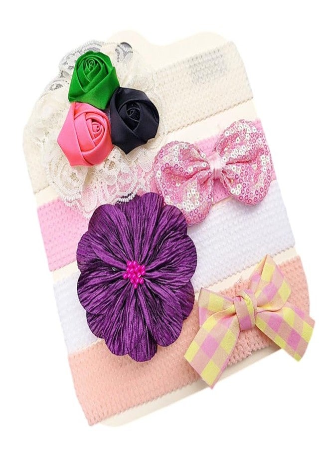 SYGA 4 Piece Baby Headband Set, Stretchable Handmade Nylon Bow and Flower Headdress for Newborn Infant Toddlers Kids-0-3 Years-Three-color bud - Image 1
