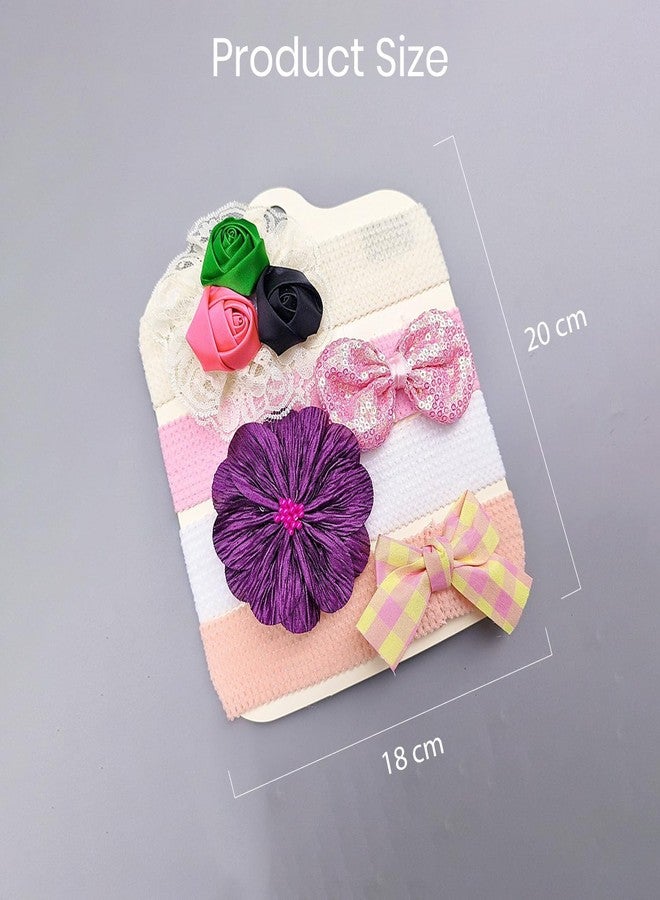 SYGA 4 Piece Baby Headband Set, Stretchable Handmade Nylon Bow and Flower Headdress for Newborn Infant Toddlers Kids-0-3 Years-Three-color bud - Image 4