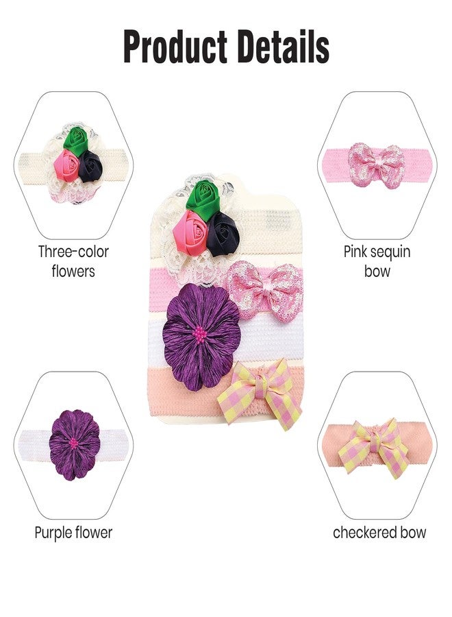 SYGA 4 Piece Baby Headband Set, Stretchable Handmade Nylon Bow and Flower Headdress for Newborn Infant Toddlers Kids-0-3 Years-Three-color bud - Image 5