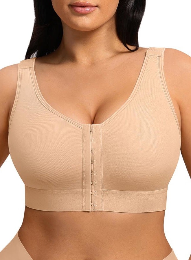 FeelinGirl Mastectomy Bras for Women Compression Post Op Surgery Bra Front Closure Surgical Recovery Everyday Bra, Beige, L - Image 1