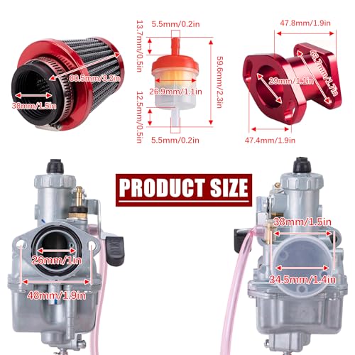 ORAEVY VM22 26mm Carburetor Carb Kit fit for Performance Intake Pipe Mainfold 38mm Air Filter Fit For Predator 212cc GX160 Honda GX200 CT200U 196cc KT196 Clones Go Kart Mini Bike Race Kart (Red) - Image 2