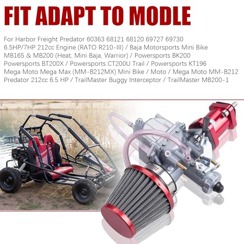 ORAEVY VM22 26mm Carburetor Carb Kit fit for Performance Intake Pipe Mainfold 38mm Air Filter Fit For Predator 212cc GX160 Honda GX200 CT200U 196cc KT196 Clones Go Kart Mini Bike Race Kart (Red) - Image 3
