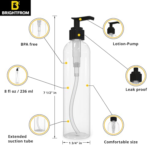 BRIGHTFROM Lotion Pump Bottles Empty 8 OZ BPAFree Refillable Plastic Containers Clear with Black Dispenser for Soap Shampoo Lotions Liquid Body Soap Creams and Massage Oil 3 Pack - Image 5