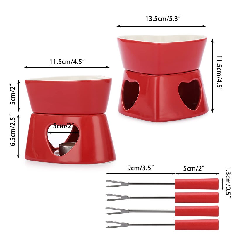 BSTKEY Red Ceramic Butter Warmer Set, Heart Shaped Fondue Pot Melting Pot Set, Melt Hot Pot Bowl Set for Cheese Chocolate Butter Caramel, with 4 Forks - Image 2