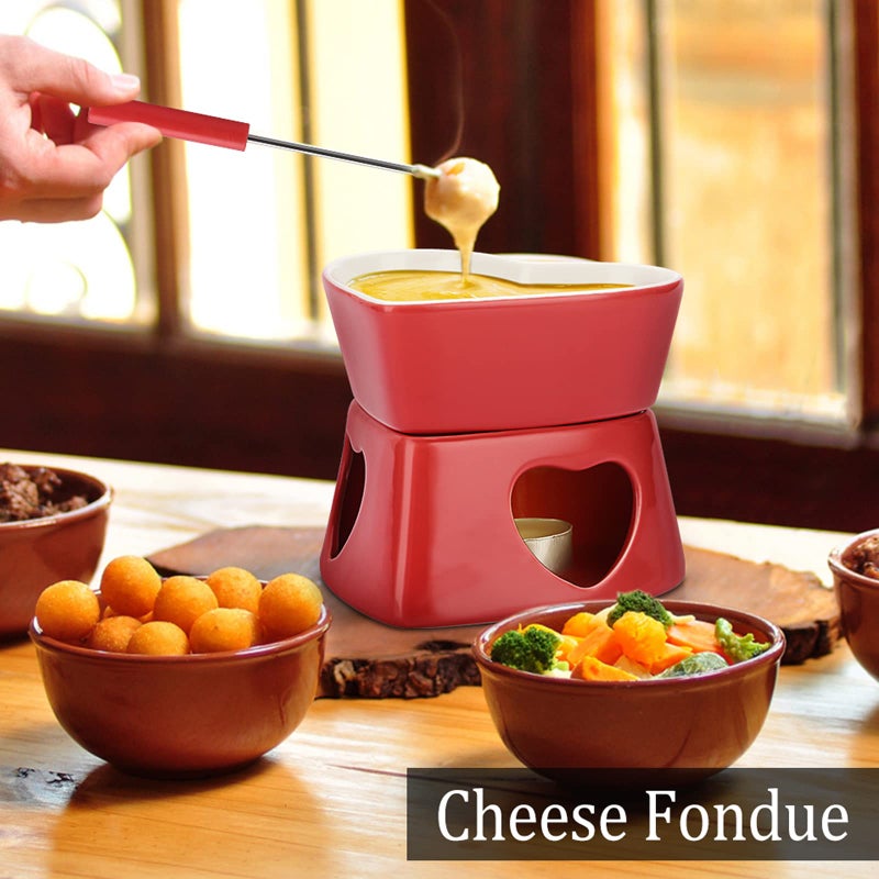 BSTKEY Red Ceramic Butter Warmer Set, Heart Shaped Fondue Pot Melting Pot Set, Melt Hot Pot Bowl Set for Cheese Chocolate Butter Caramel, with 4 Forks - Image 5