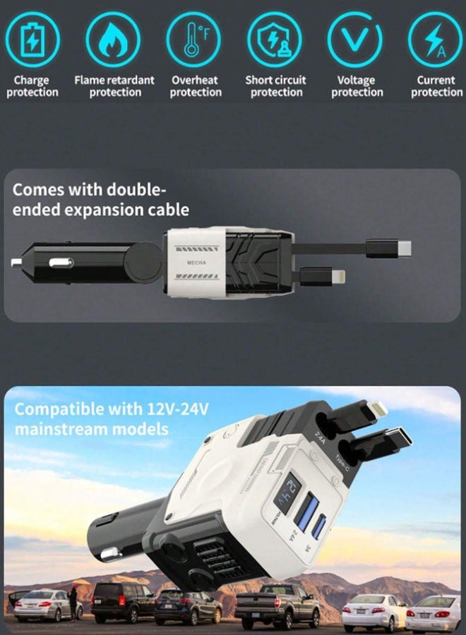 general One-to-four digital display super fast charging car charger, four-in-one mecha windmill charger, self-wired and retractable - Image 3