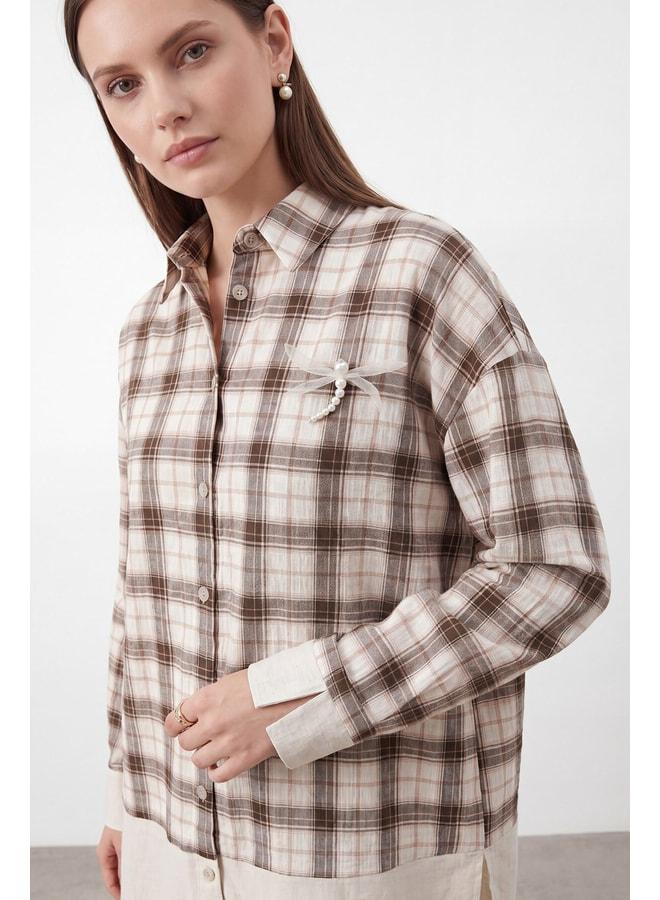 Soul Women's Plaid Shirt with Brooch Detail - 26S-32514GML - BROWN. - Image 3