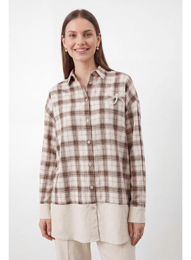 Soul Women's Plaid Shirt with Brooch Detail - 26S-32514GML - BROWN.
