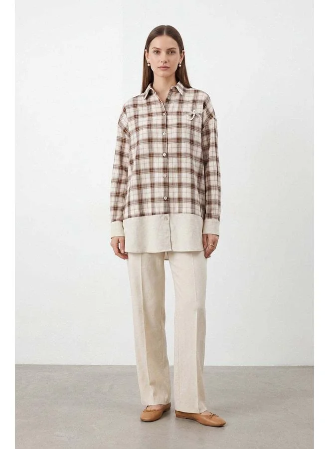 Soul Women's Plaid Shirt with Brooch Detail - 26S-32514GML - BROWN.