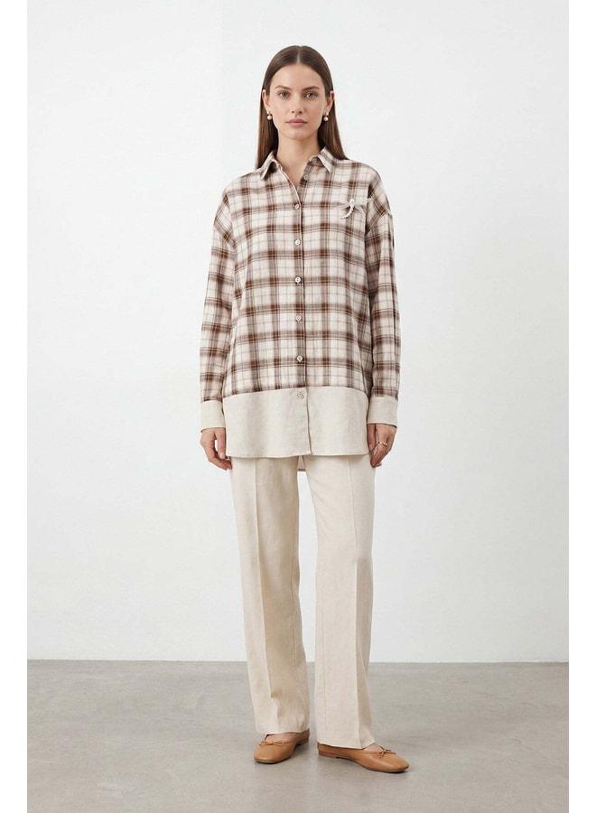 Soul Women's Plaid Shirt with Brooch Detail - 26S-32514GML - BROWN. - Image 2
