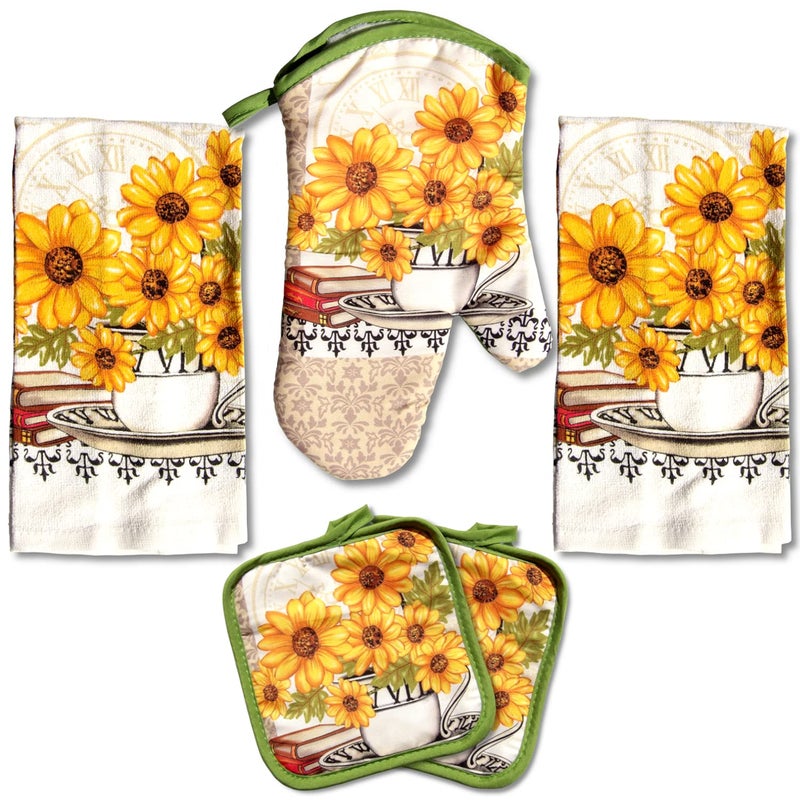 Lobyn Value Packs: Bright Sunflower 5-Piece Kitchen Set â€“ 2 Soft Terry Dish Towels and 2 Quilted Potholders & 1 Oven Mitt for Everyday Use - Image 1