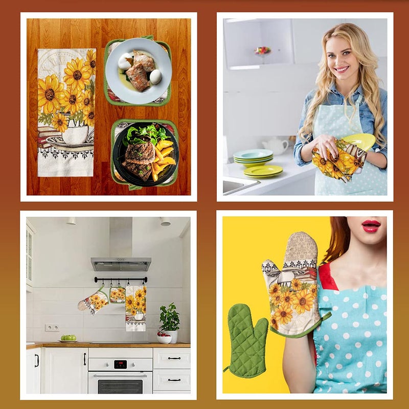 Lobyn Value Packs: Bright Sunflower 5-Piece Kitchen Set â€“ 2 Soft Terry Dish Towels and 2 Quilted Potholders & 1 Oven Mitt for Everyday Use - Image 3
