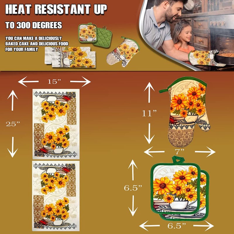 Lobyn Value Packs: Bright Sunflower 5-Piece Kitchen Set â€“ 2 Soft Terry Dish Towels and 2 Quilted Potholders & 1 Oven Mitt for Everyday Use - Image 4