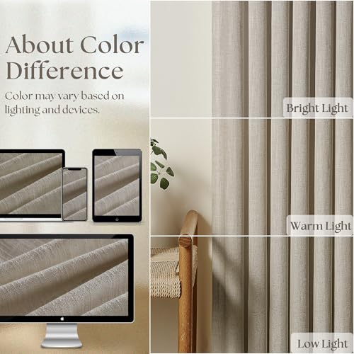 TWODRAPES ستائر كتان من الكتان مع طيات ضاغطة بطول 84 بوصة 2 لوحات لغرفة المعيشة وغرفة النوم بلون خشب البيرش شبه شفاف ريفي مزرعة مع حلقات وأزرار طيات ضاغطة بطول 84 بوصة بلون توب - Image 4